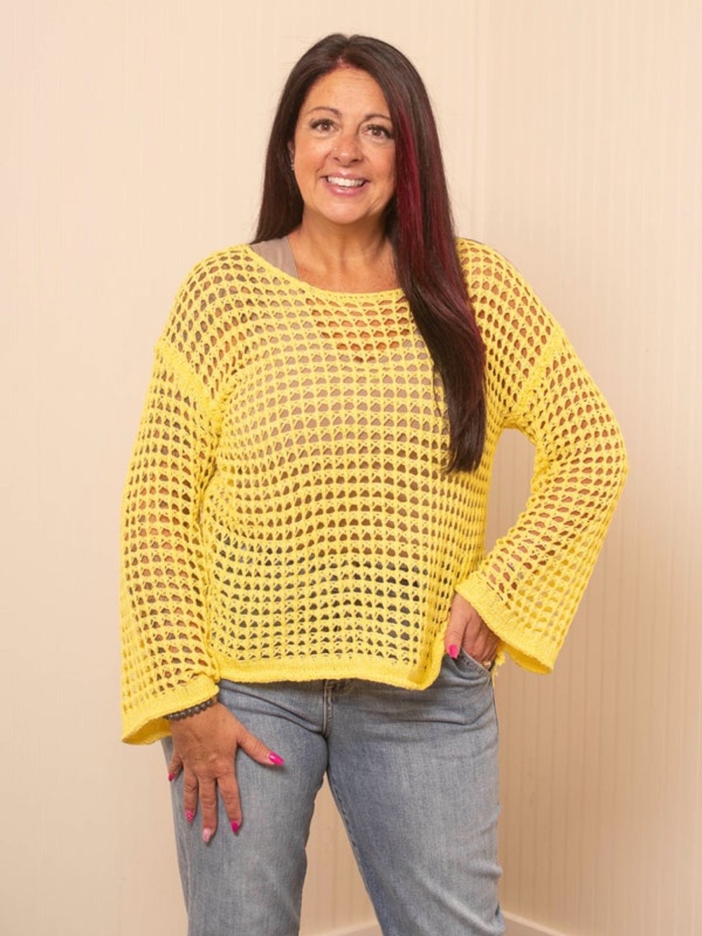 POL Lightweight Yellow Open-Knit Women's Sweater- Small
